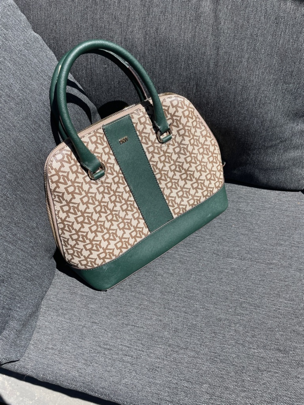 DKNY Beige Monogram Satchel with Dark Green Trim